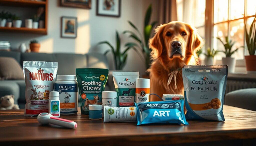A cozy, well-lit home setting featuring an array of essential pet healthcare products, including a quality pet thermometer, soothing ointments, dental chews, and a first-aid kit on a wooden table. In the foreground, a golden retriever sits patiently, its fur gleaming in the soft warm light of a nearby window, casting gentle shadows. In the middle, neatly arranged products highlight their vibrant packaging and clear labeling, conveying an aura of trustworthiness and quality. The background features a soothing palette with plants and pet toys subtly visible, enhancing the homely atmosphere. Capture this scene with a soft focus to evoke a sense of warmth and safety, emphasizing the message of smart purchasing choices for pet wellness. Create this image in a realistic style, showcasing the brand name "Shopping Online" subtly integrated into the product designs.