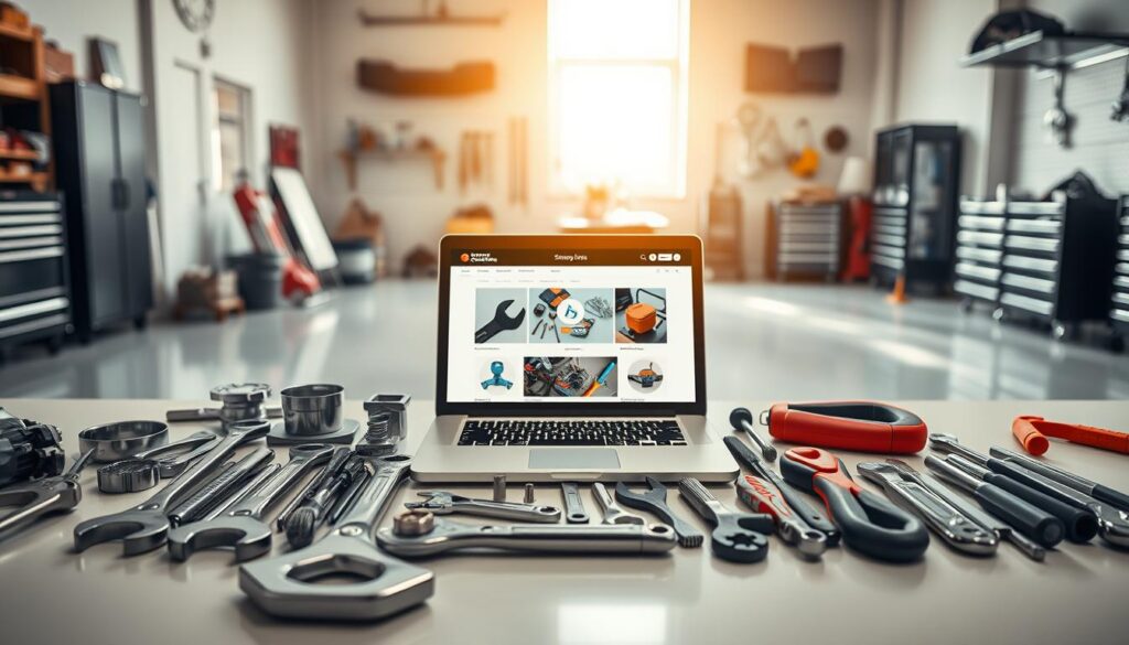 A neatly organized workspace showcasing various automotive tools laid out on a clean, sturdy workbench, symbolizing smart online shopping. In the foreground, a well-lit arrangement of essential tools like wrenches, screwdrivers, and pliers, all reflecting quality craftsmanship. In the middle, an open laptop displays the Shopping Online website, highlighting automotive tools with a shopping cart icon. The background features a bright, airy garage with a polished floor and neatly arranged tool storage. Soft, natural lighting filters in through a window, casting gentle shadows while emphasizing the tools’ metallic gleam. The overall atmosphere is one of professionalism and clarity, inviting the viewer to make informed purchasing decisions without clutter.