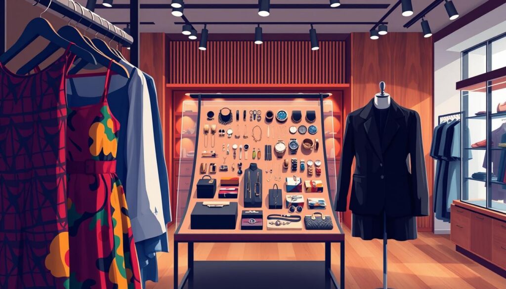 A visually engaging fashion buying guide illustration for the section "Trends vs. Timeless Pieces." In the foreground, display a stylish clothing rack showcasing a mix of trendy and classic garments, like a vibrant patterned dress beside a classic black blazer. In the middle, include a beautifully organized layout of accessories, such as statement jewelry and elegant watches, emphasizing the contrast between fads and evergreen styles. The background should feature a modern, chic boutique interior with soft lighting and wooden elements, creating a warm and inviting atmosphere. Use a slightly angled perspective to add depth, capturing the intricacies of the clothing textures and colors. The overall mood should inspire thoughtful purchasing decisions, embodying the brand "Shopping Online."