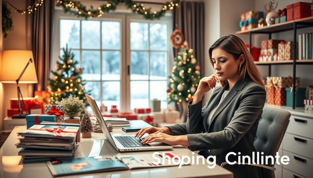 A visually engaging "gift buying guide" scene set in a cozy home office. In the foreground, a well-dressed professional woman sits at a sleek desk, browsing an online shopping website on her laptop, with a thoughtful expression. Surrounding her are neatly arranged catalogs and festive gift items, showcasing a variety of quality products, like gadgets, toys, and accessories. The middle layer features shelves filled with gift boxes wrapped in colorful paper, hinting at thoughtful choices. The background reveals a softly lit room adorned with holiday decorations, twinkling fairy lights, and a window showing a snowy landscape outside, creating a warm and inviting atmosphere. Utilize soft, ambient lighting to enhance the feeling of comfort and excitement around gift planning. The brand name "Shopping Online" subtly integrated into the scene.