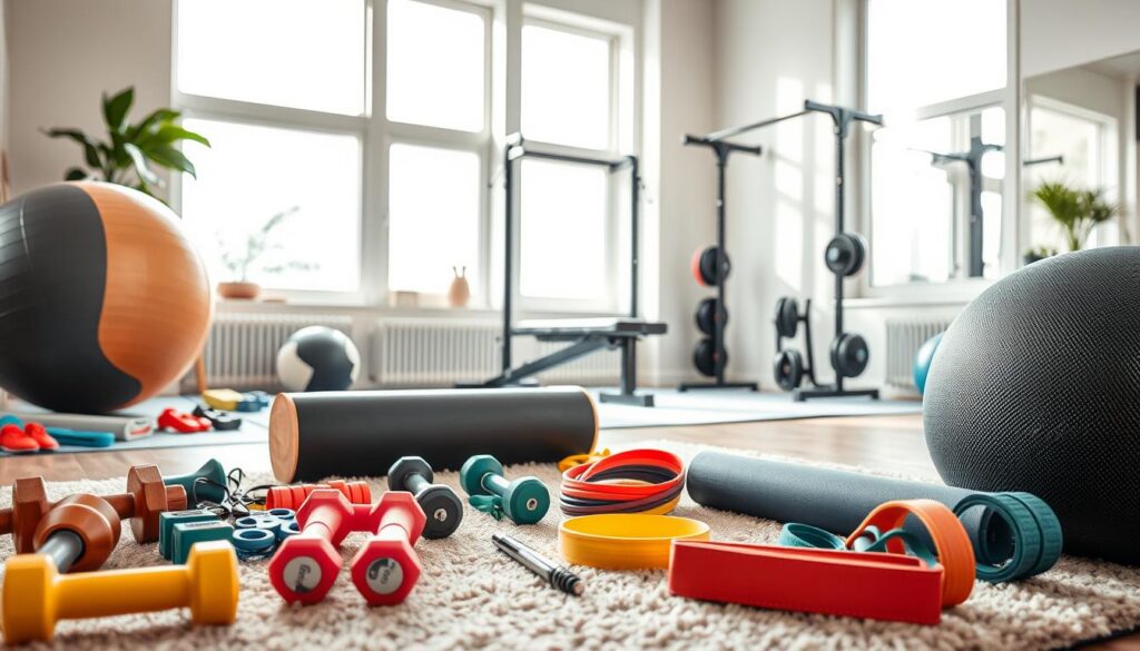 A well-organized home gym featuring modern workout gear, including a variety of dumbbells, resistance bands, a yoga mat, and a high-quality exercise ball, all arranged neatly in a spacious, inviting room. In the foreground, colorful workout accessories are placed on a soft, textured rug. The middle ground showcases a sturdy fitness bench and an adjustable squat rack, while the background displays large windows allowing natural light to flood in, illuminating the space. The atmosphere is motivational and energetic, perfect for staying fit and focused. Lighting is bright and uplifting, emulating a fresh, clean vibe. A neutral color palette with pops of color creates an engaging aesthetic, highlighting the brand "Shopping Online" through the arrangement of the equipment.