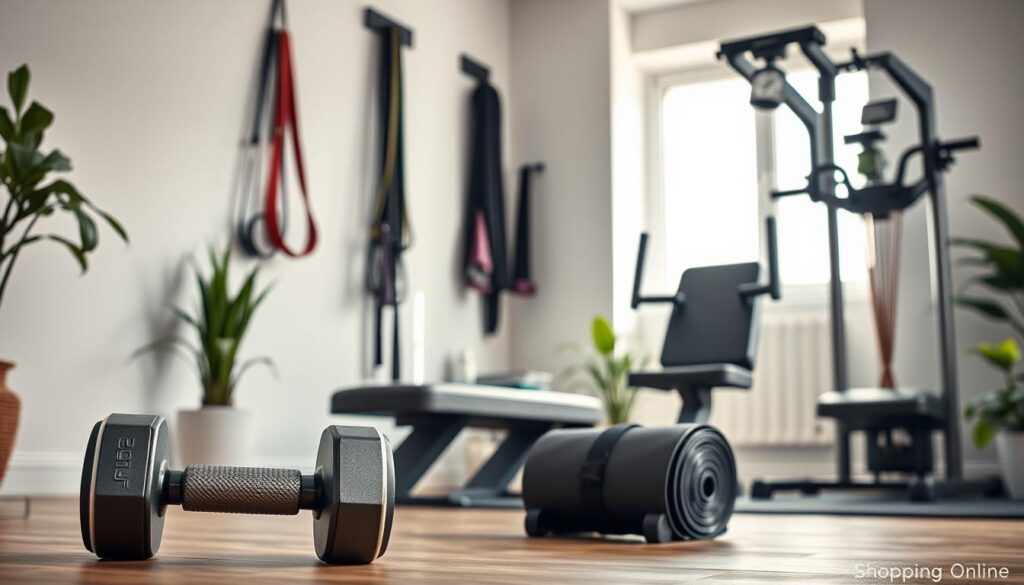 A well-organized home gym setup that emphasizes quality fitness equipment. In the foreground, showcase a modern adjustable dumbbell with a sleek design, placed next to a compact bench with a minimalist aesthetic. The middle ground features a set of resistance bands hanging neatly on a wall-mounted rack, alongside a stylish yoga mat rolled up and secured. The background displays a small but efficient multi-gym machine with a clean and professional look, complemented by strategically placed houseplants to create a fresh environment. Soft, natural lighting filters in from a nearby window, casting gentle shadows and highlighting the equipment. Capture the scene from a slightly elevated angle to provide a comprehensive view of the gym space. Aim for a motivating and inviting atmosphere, emphasizing a smart investment in fitness. Include the brand name "Shopping Online" subtly in the design of the gym equipment.