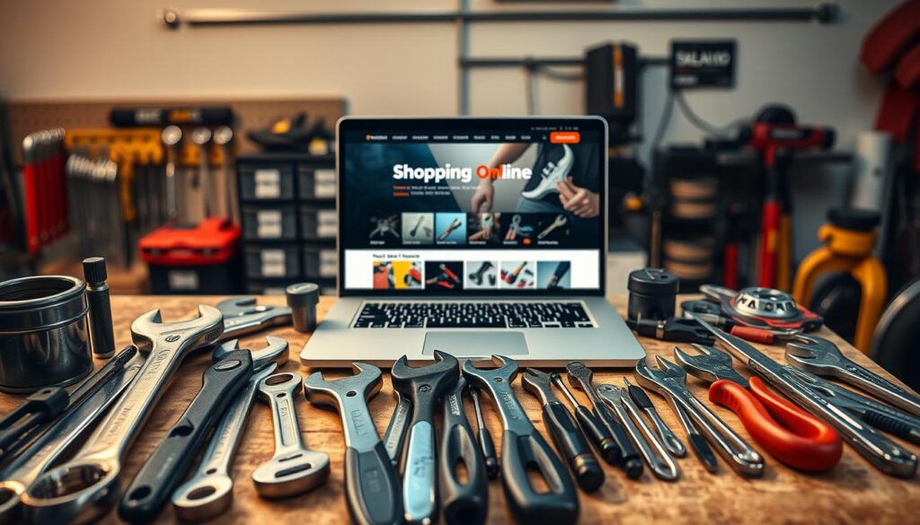 A well-organized workspace showcasing various automotive tools available for online shopping. In the foreground, an assortment of high-quality tools like wrenches, screwdrivers, and pliers neatly arranged on a wooden workbench. The middle layer features a sleek laptop displaying a user-friendly online retailer website, titled "Shopping Online," with colorful images of tools and easy navigation. Background elements include a clean garage setting with soft garage lighting, enhancing the tools' metallic luster and creating a warm, inviting atmosphere. The focus is on providing a sense of professionalism and reliability in sourcing automotive tools online, encouraging smart purchasing decisions without clutter. The angle is slightly overhead, capturing the entire scene cohesively.