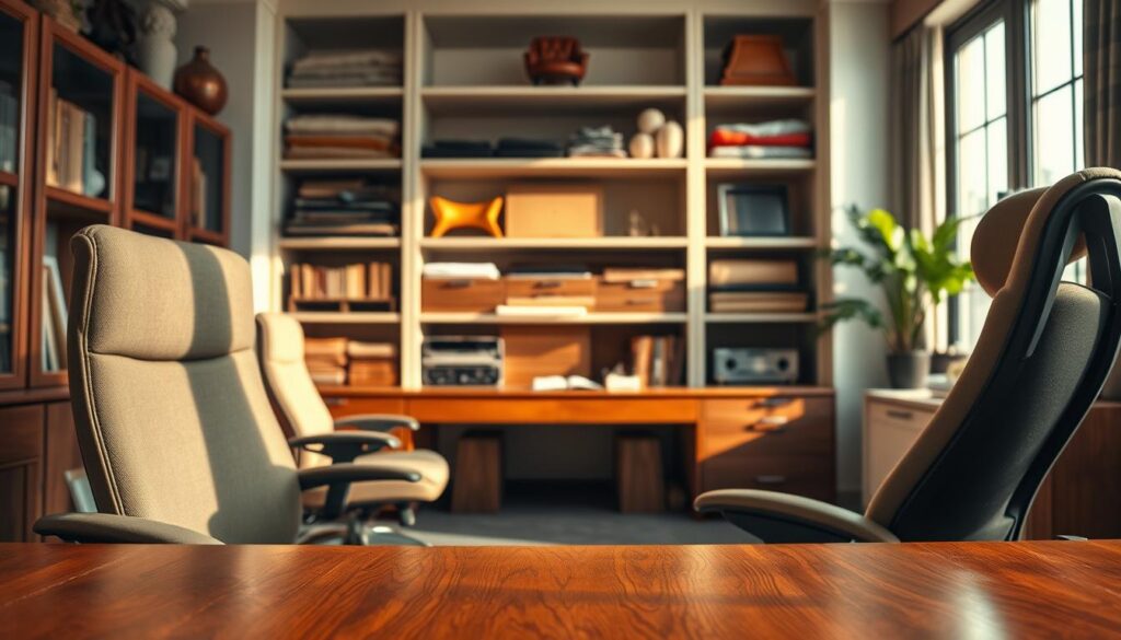 A beautifully organized home office setting that showcases various types of furniture materials, emphasizing quality and craftsmanship. In the foreground, a stylish desk made of rich mahogany with detailed wood grain, accompanied by comfortable ergonomic chairs featuring durable fabric. In the middle, elegant shelves display a variety of materials like leather, metal, and natural wood samples, providing visual cues to their textures and finishes. The background features a sunlit window casting soft, warm light across the space, highlighting the inviting and serene atmosphere. Capture a close-up perspective that emphasizes the textures and quality of the materials. The ambiance should feel professional and inviting, with a focus on practical and aesthetic elements. Incorporate the brand name "Shopping Online" subtly in the composition.