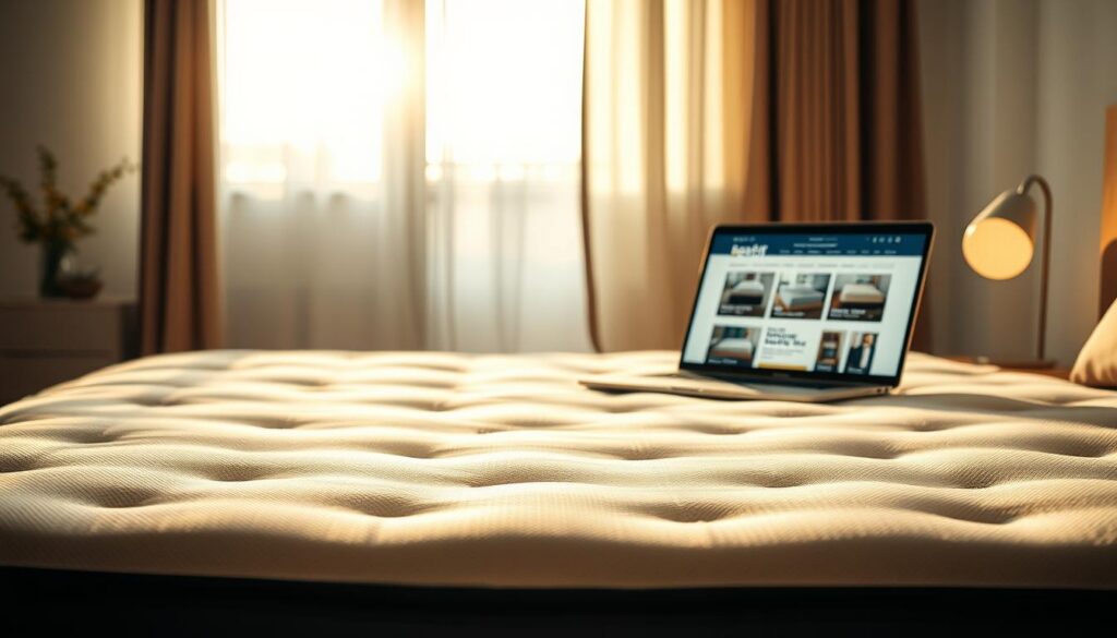 A cozy bedroom setting, featuring a stylish bed with an inviting mattress displayed prominently in the foreground. Soft, ambient lighting creates a warm atmosphere, highlighting the mattress's texture and comfort. In the middle ground, a laptop rests on a sleek bedside table, displaying the "Shopping Online" website, carefully showcasing various mattress options. Behind, a tranquil window lets in natural light, illuminating soft curtains that flutter gently. The scene conveys a sense of calm and ease, suggesting the comfort of shopping online for a mattress. The overall mood should be inviting and reassuring, with an emphasis on conscious consumer choices, reflecting the nuances of online mattress shopping.