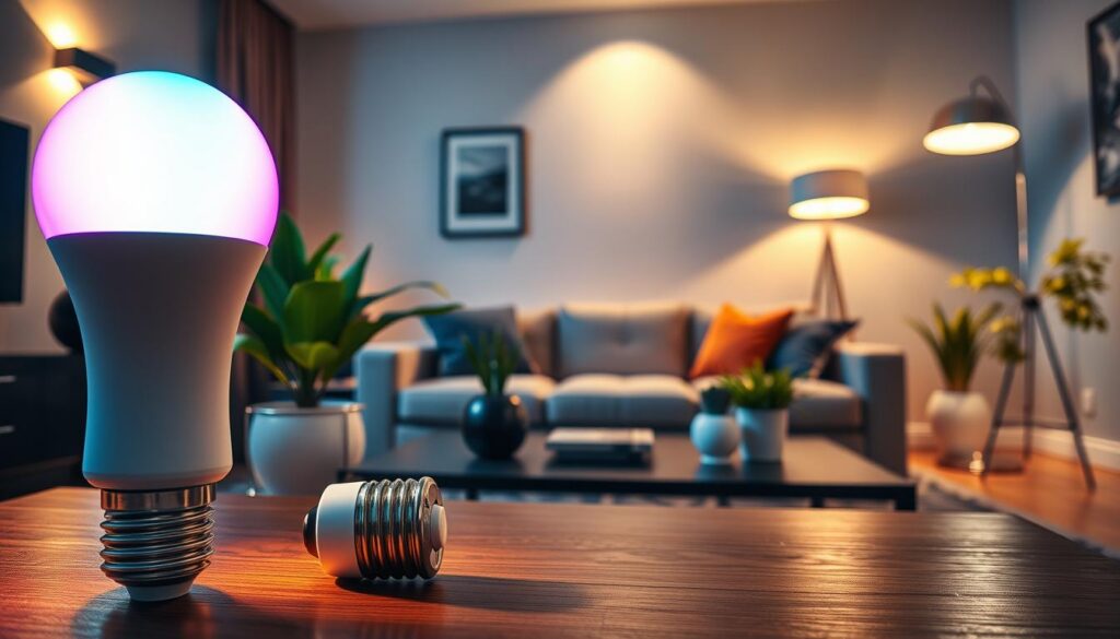 A modern living room featuring advanced smart lighting systems. In the foreground, a sleek smart light bulb is illuminated, showcasing its vibrant color-changing capabilities. The middle ground includes a stylish coffee table with a digital control panel displaying various lighting options, while elegant potted plants reflect the ambient light. The background reveals a contemporary home setting with soft, warm lighting emanating from wall-mounted fixtures, and an automated floor lamp casting dramatic shadows. The lighting creates a cozy yet high-tech atmosphere, suggesting comfort and innovation. The perspective is captured from a slight low angle for an immersive feel. Include subtle branding elements like "Shopping Online" discreetly integrated into the design.