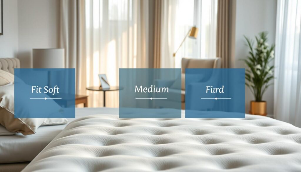 A serene, well-lit bedroom scene showcasing a high-quality mattress in focus. In the foreground, a plush mattress sits on a stylish bed frame, adorned with neutral-toned bedding and pillows. The mattress exhibits varying firmness levels, illustrated by an overlay of soft, medium, and firm sections, each labeled with subtle, elegant graphics. In the middle ground, a cozy reading nook with a soft chair and a small side table holding a notepad and pen, suggesting thoughtful consideration in a buying process. The background features soft, natural light streaming through sheer curtains, creating a warm and inviting atmosphere. The mood is calm and professional, encouraging a sense of confidence in making a purchase decision. The brand name “Shopping Online” subtly integrated into the decor, enhancing the focus on informed choices without distracting from the mattress.