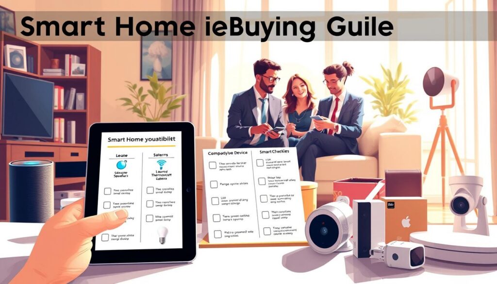 A visually engaging "Smart Home Buying Guide" illustration, centered around a contemporary living room filled with various smart home devices. In the foreground, a stylish tablet displays compatibility checklists for smart devices, showcasing icons for speakers, lights, thermostats, and security cameras. The middle ground features a diverse group of three professionals in business attire, discussing and examining smart gadgets like a smart bulb and camera, surrounded by a cozy couch and modern decor. The background reveals a bright window allowing natural sunlight to filter through, creating a warm and inviting atmosphere. Soft shadows enhance depth, while a slight tilt angle gives a dynamic perspective. The overall mood communicates a sense of informed decision-making and excitement about smart technology, with the brand name "Shopping Online" subtly represented through product packaging in the scene.