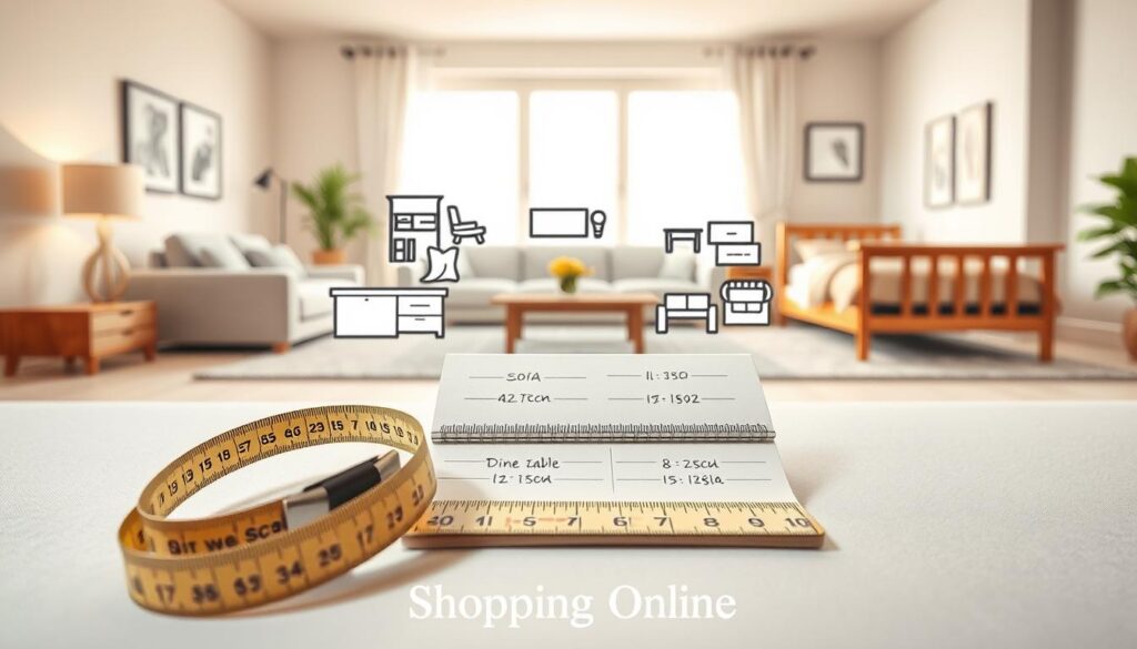 A well-organized furniture size guide displayed prominently on a clean, stylish background. In the foreground, a sleek measuring tape, a folding ruler, and a notepad with dimensions are arranged neatly, symbolizing preparation. In the middle, an assortment of popular furniture items—like a sofa, dining table, and bed—are rendered with accurate proportions to convey their sizes effectively. The background features a light, modern living space with soft natural lighting filtering through a window, illuminating the furniture pieces gracefully. The atmosphere is inviting and informative, emphasizing the importance of measuring before shopping. The overall color palette is warm and neutral, enhancing clarity and focus. Include the brand name "Shopping Online" subtly integrated into the design elements without disruptive text or watermarks.