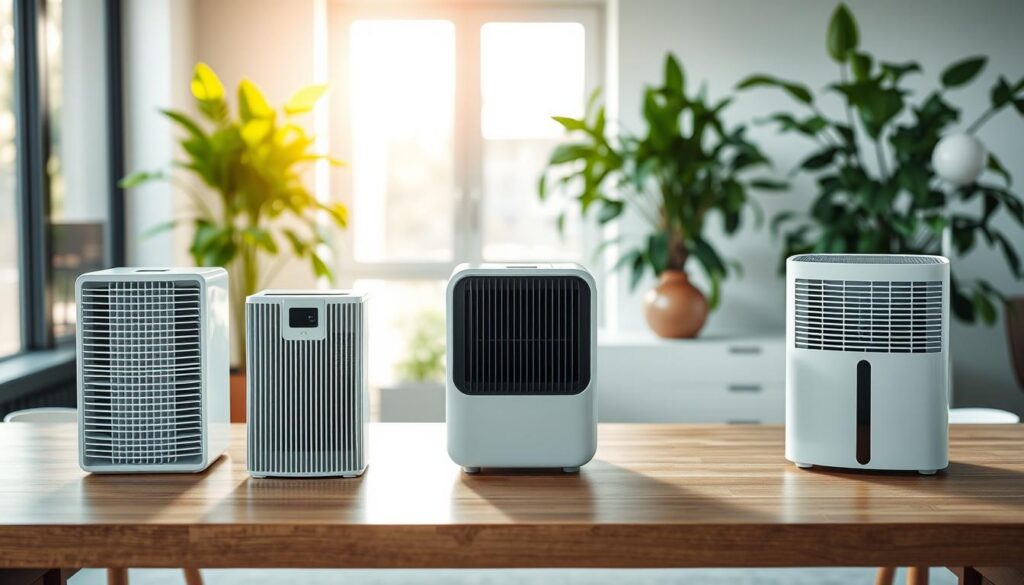 A clean and modern office space featuring various types of air purifiers displayed prominently on a sleek wooden table. In the foreground, there are three distinct models: a HEPA filter purifier, an activated carbon purifier, and an ionizer, each with visible features highlighted for comparison. The middle ground shows a soft-focus, bright window with sunlight streaming in, enhancing the fresh and airy atmosphere. In the background, there are lush indoor plants that suggest a healthy environment. Soft shadows create depth, with a gentle, inviting color palette of whites and greens. The overall mood is informative yet welcoming, aimed at helping shoppers make educated decisions. The brand name "Shopping Online" is subtly suggested through the arrangement of products without direct display.