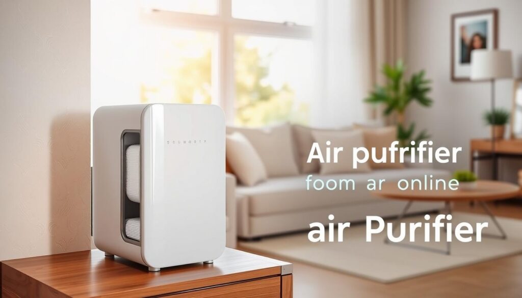 A sleek, modern room air purifier prominently placed on a stylish wooden side table. The purifier showcases a minimalist design with a smooth white finish, intuitive touch controls, and a visible filter compartment. In the foreground, soft, ambient lighting enhances a sense of cleanliness and tranquility, reflecting the air purifier's purpose. The middle ground features a cozy living room setting, with a comfortable sofa adorned with light-colored cushions, and a small indoor plant adding a splash of greenery. In the background, a large window allows natural light to pour in, emphasizing a fresh and airy atmosphere. This scene encapsulates the important features to look for in air purifiers, aligning with the theme of quality and relaxation. Brand name "Shopping Online" subtly integrated into the design.